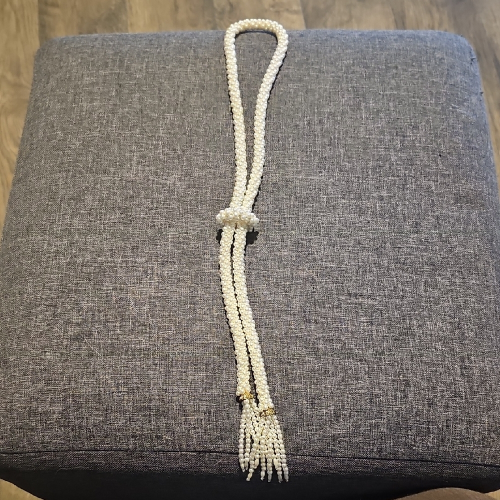 Vintage Faux Pearl Beaded Necklace Lariat Style Tassel Women Accessories